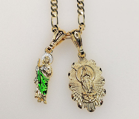 Virgin Mary Saint Jude Double Pendants Charms 3mm Figaro Plated Necklace