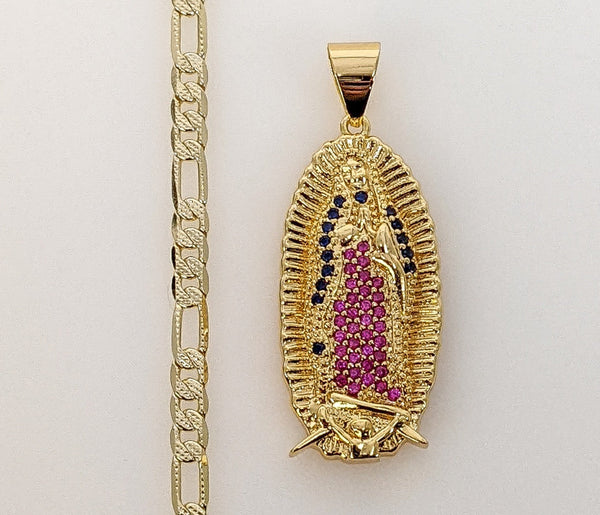 Plated Virgin Mary 4mm 14K Diamond Figaro Chain Necklace