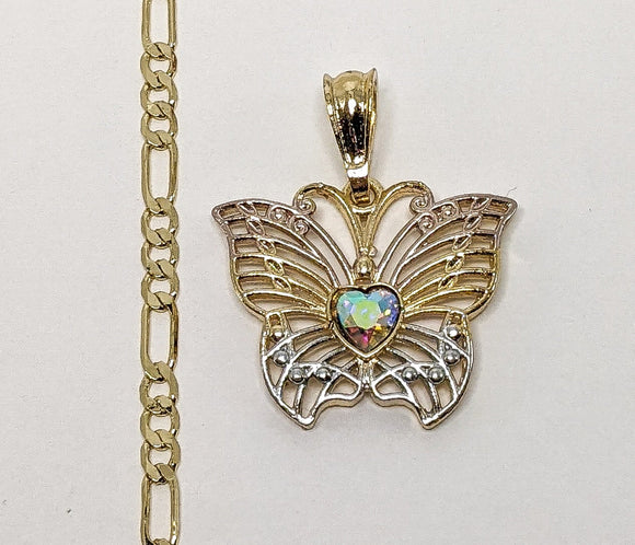 Plated Tri-Gold Butterfly 4mm Figaro Chain Necklace