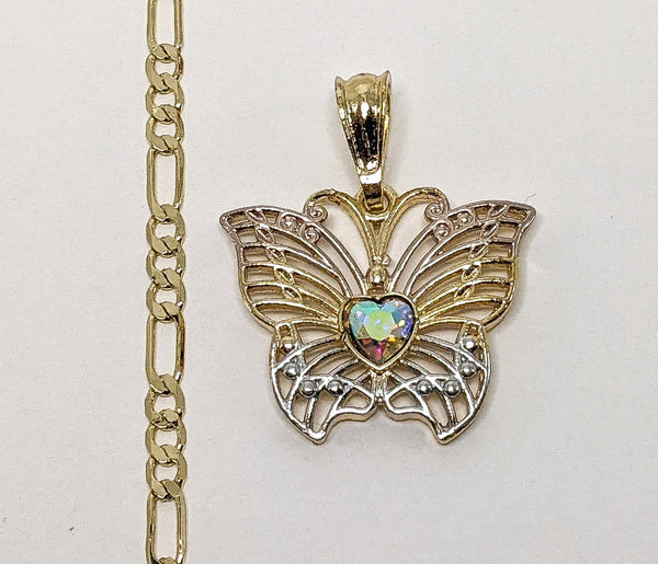 Plated Tri-Color Butterfly 4mm Figaro Chain Necklace