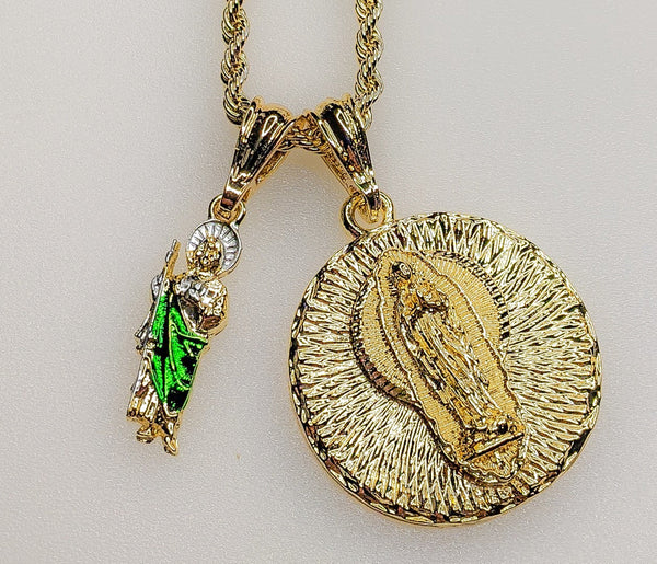 Virgin Mary Saint Jude Double Pendants Charms 3mm Rope/Braided Plated Necklace