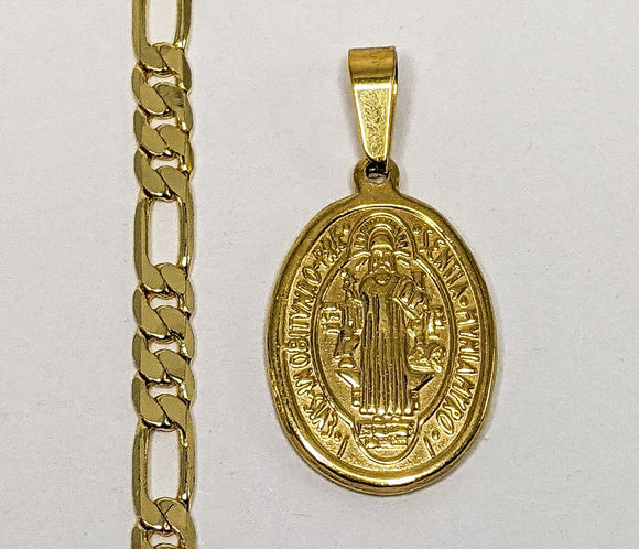 Stainless Steel Saint Benedict Pendant 5mm Plated Figaro Chain Necklace