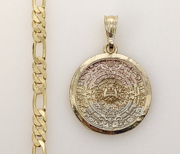 Plated Tri-Color Aztec Calendar 5mm Figaro Chain Necklace