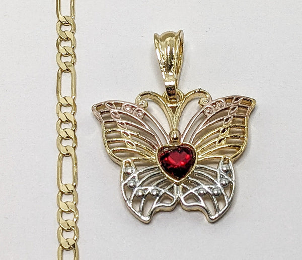 Plated Tri-Color Butterfly 4mm Figaro Chain Necklace