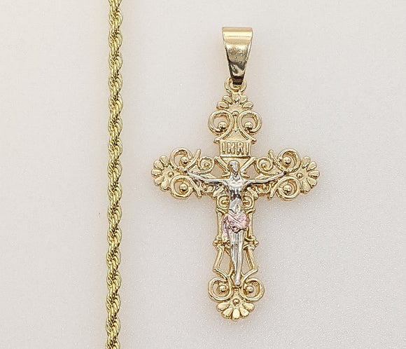 Plated Tri-Color Cross 2mm Rope/Braided Chain Necklace