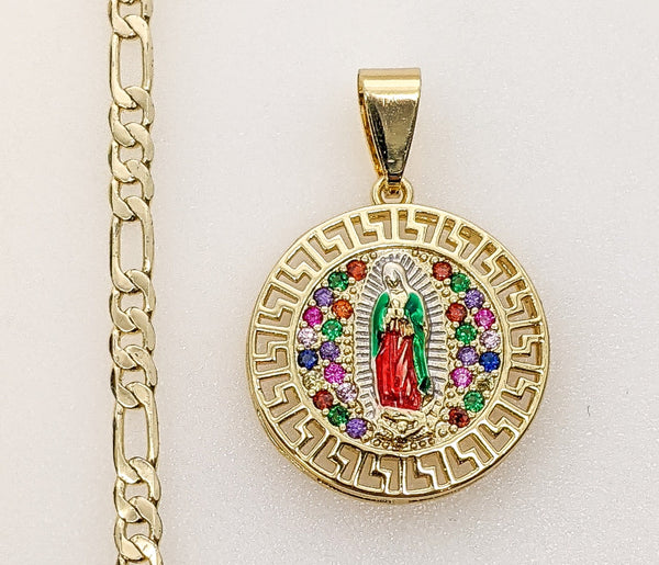 Plated Multicolor Virgin Mary 3mm Figaro Chain Necklace