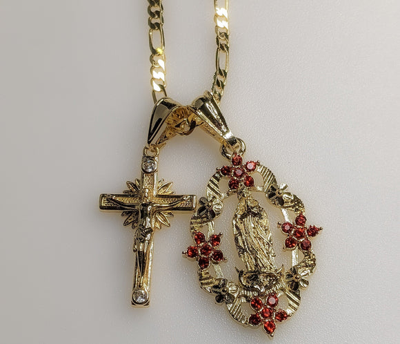 Virgin Mary Cross Double Pendants Charms 3mm Figaro Plated Necklace