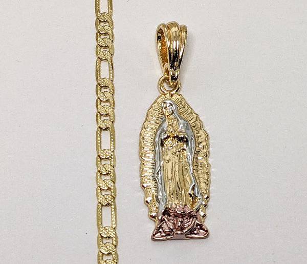 Plated Tri-Color Virgin Mary 4mm 14K Diamond Cut Figaro Chain Necklace