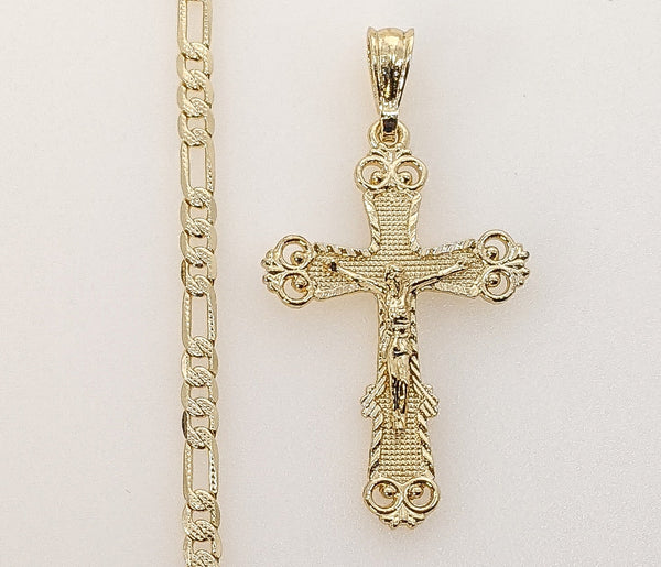 Plated Cross 4mm 14K Diamond Cut Figaro Chain Necklace