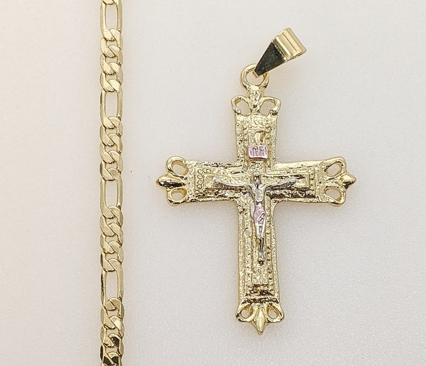 Plated Tri-Color Cross 4mm Figaro Chain Necklace