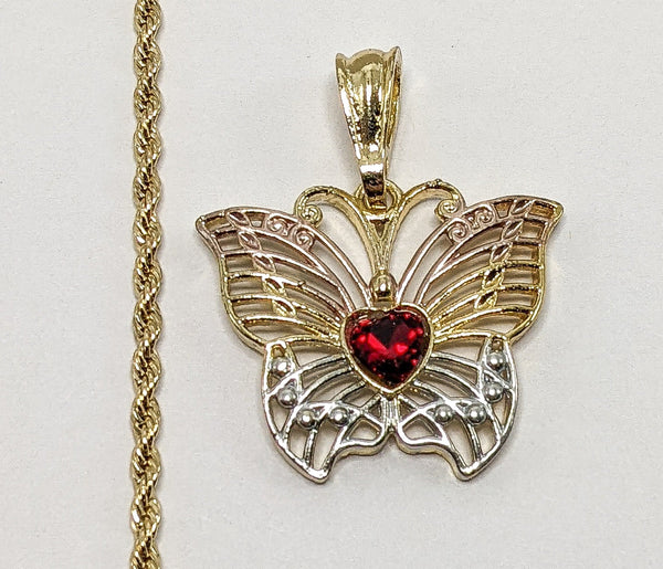 Plated Tri-Color Butterfly 2mm Rope/Braided Chain Necklace
