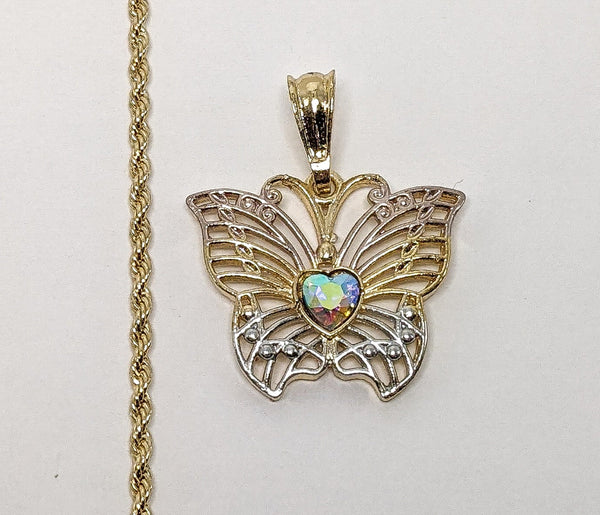 Plated Tri-Color Butterfly 2mm Rope/Braided Chain Necklace