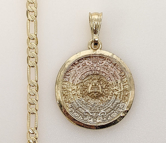 Plated Tri-Color Aztec Calendar 4mm 14K Diamond Figaro Chain Necklace