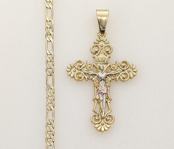 Plated Tri-Color Cross 3mm Figaro Chain Necklace