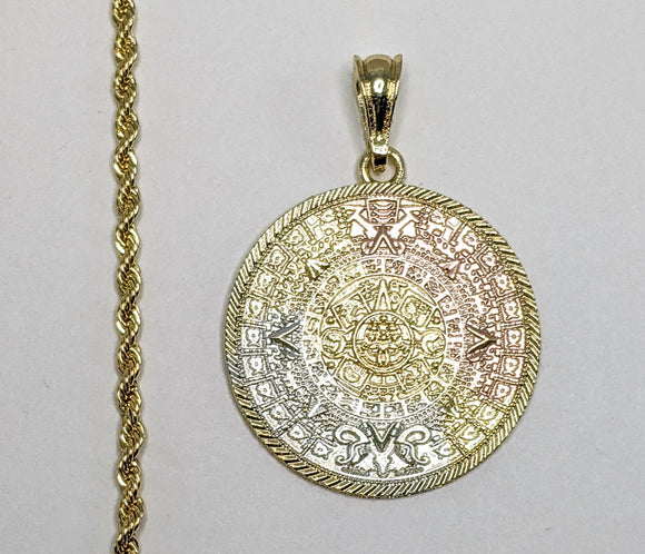 Plated Tri-Color Aztec Calendar 3mm Rope/Braided Chain Necklace