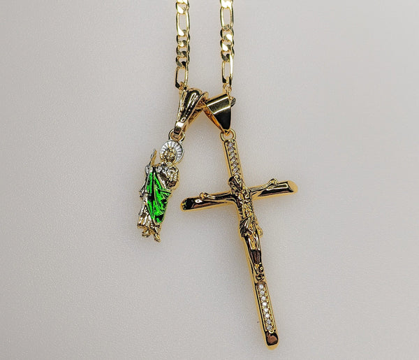 Cross Saint Jude Double Pendants Charms 3mm Figaro Plated Necklace