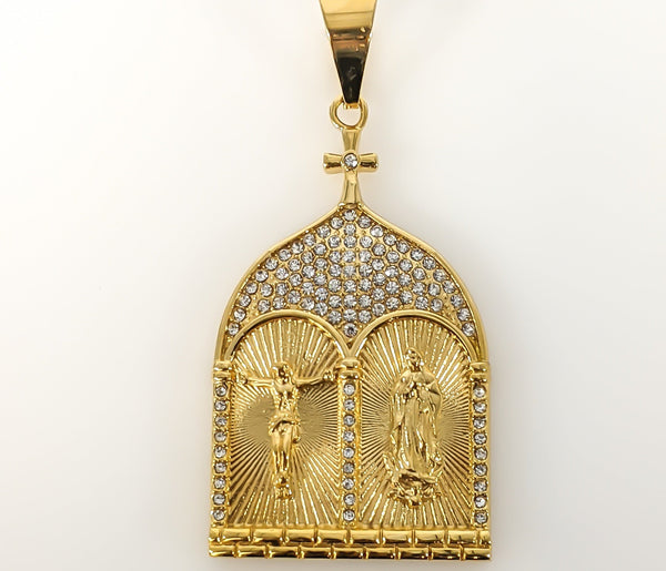 Stainless Steel Cross Virgin Mary Church House Pendant