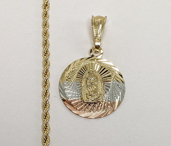 Plated Tri-Color Virgin Mary 2mm Rope/Braided Chain Necklace