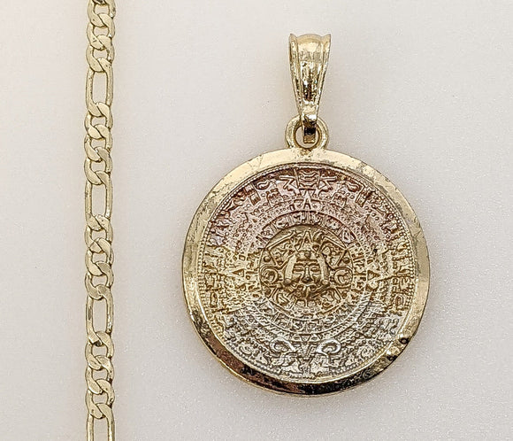 Plated Tri-Color Aztec Calendar 3mm Figaro Chain Necklace