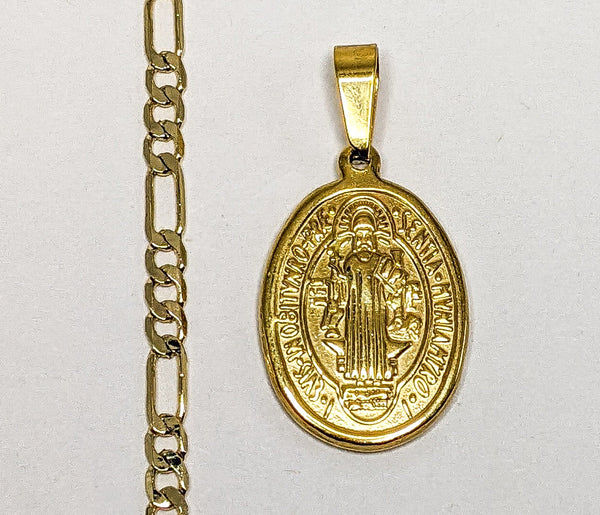 Stainless Steel Saint Benedict Pendant 4mm Plated Figaro Chain Necklace