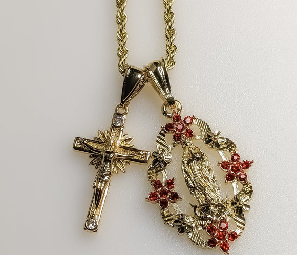 Virgin Mary Cross Double Pendants Charms 3mm Rope/Braided Plated Necklace