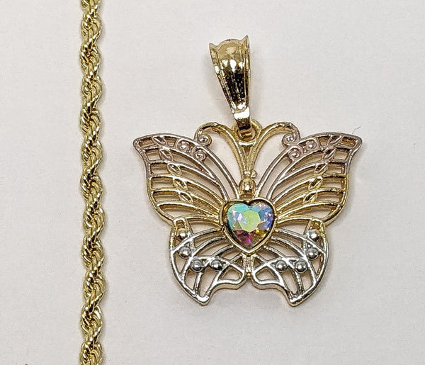 Plated Tri-Color Butterfly 3mm Rope/Braided Chain Necklace