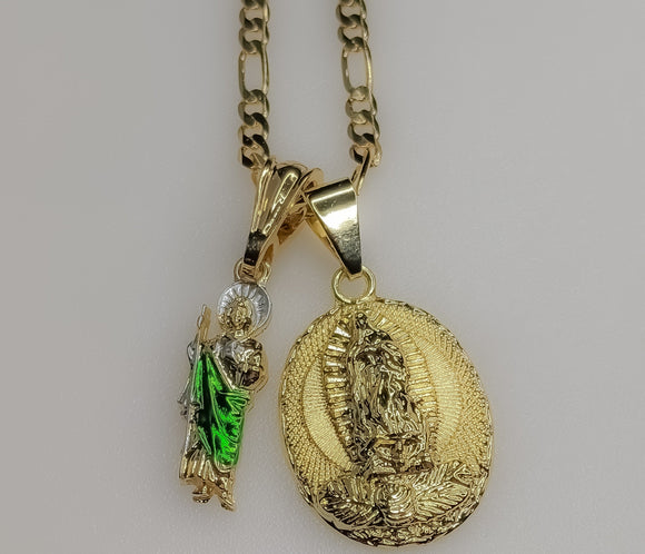 Virgin Mary Saint Jude Double Pendants Charms 3mm Figaro Plated Necklace