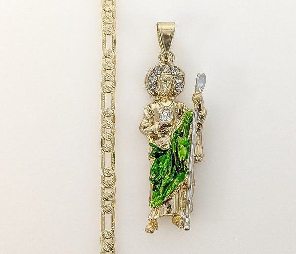 Plated Multicolor Saint Jude 4mm 14K Diamond Cut Figaro Chain Necklace