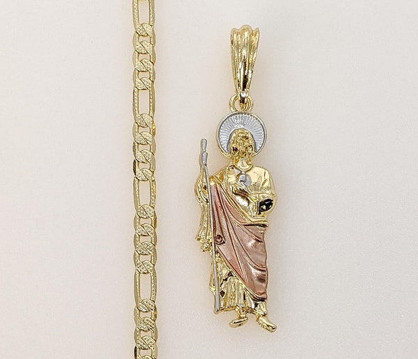 Plated Medium Tri-Color Saint Jude 4mm 14K Diamond Cut Figaro Chain Necklace