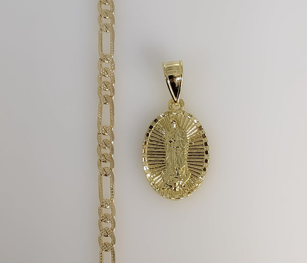 Plated Virgin Mary 4mm 14K Diamond Cut Figaro Chain Necklace
