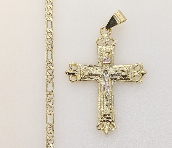 Plated Tri-Color Cross 3mm Figaro Chain Necklace