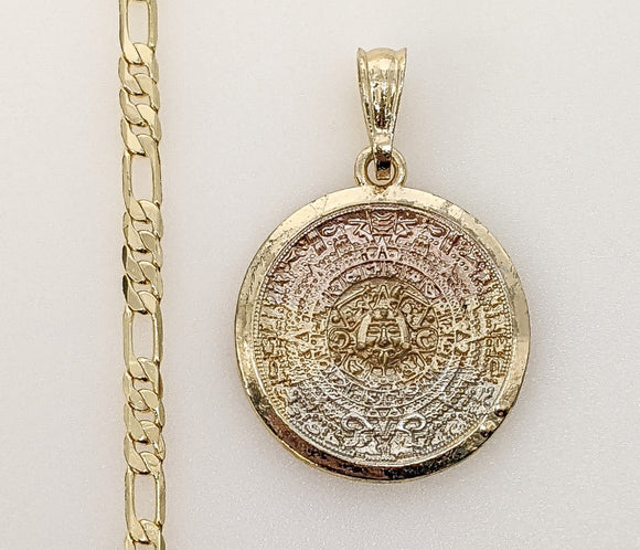 Plated Tri-Color Aztec Calendar 4mm Figaro Chain Necklace