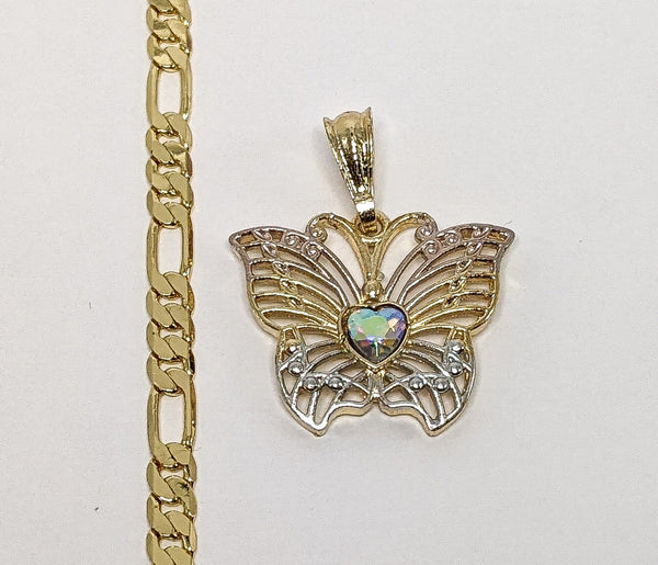 Plated Tri-Color Butterfly 5mm Figaro Chain Necklace