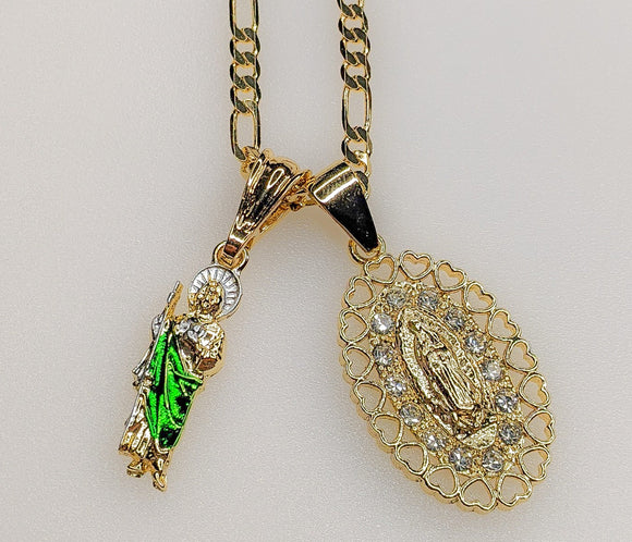 Virgin Mary Saint Jude Double Pendants Charms 3mm Figaro Plated Necklace