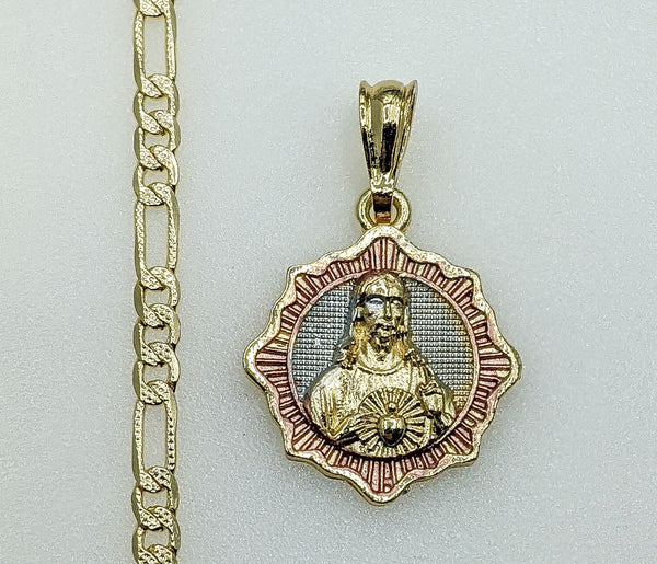 Plated Tri-Color Sacred Heart of Jesus 4mm 14K Diamond Cut Figaro Chain Necklace