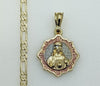 Plated Tri-Color Sacred Heart of Jesus 4mm 14K Diamond Cut Figaro Chain Necklace