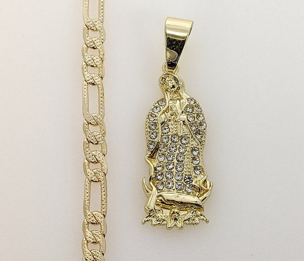 Plated Virgin Mary 4mm 14K Diamond Cut Figaro Chain Necklace