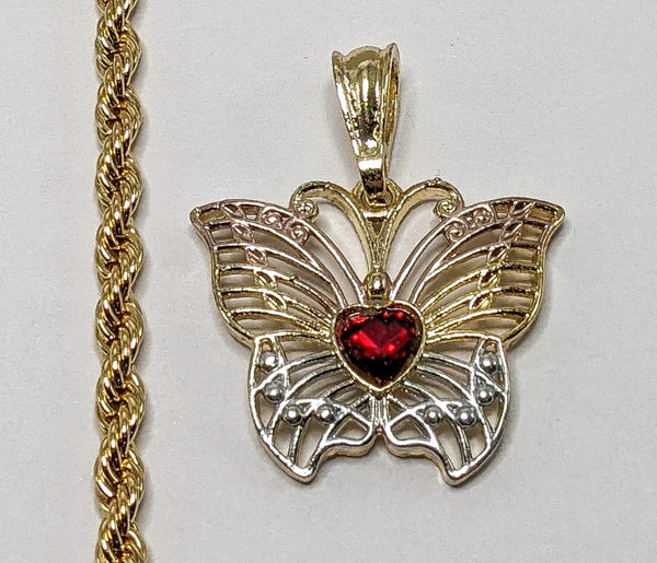 Plated Tri-Color Butterfly 4mm Rope/Braided Chain Necklace
