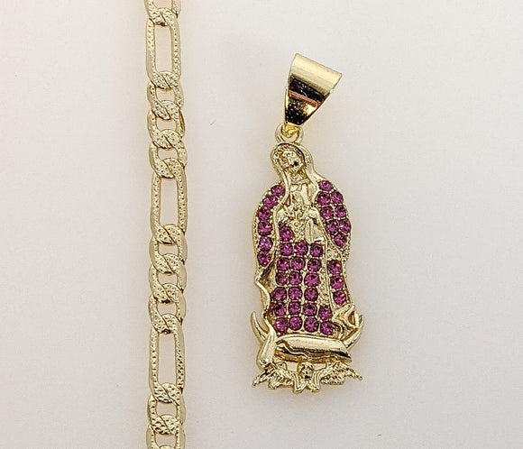 Plated Virgin Mary 4mm 14K Diamond Figaro Chain Necklace