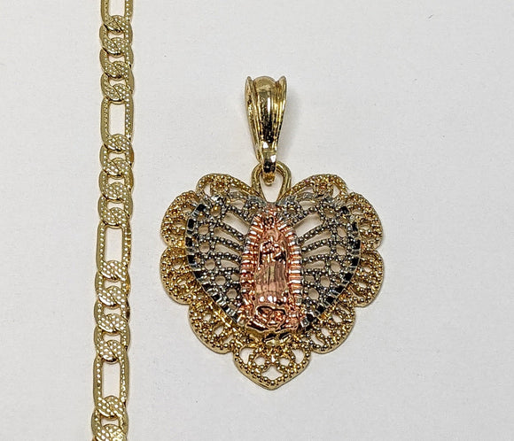 Plated Tri-Gold Virgin Mary 4mm 14K Diamond Figaro Chain Necklace