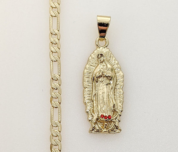 Plated Virgin Mary 4mm 14K Diamond Figaro Chain Necklace