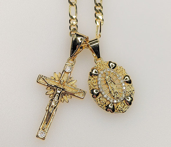 Virgin Mary Cross Double Pendants Charms 3mm Figaro Plated Necklace