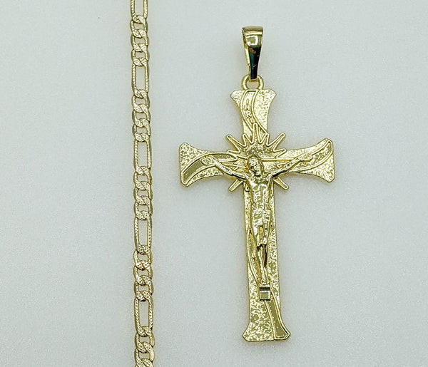 Plated Cross 4mm 14K Diamond Figaro Chain Necklace
