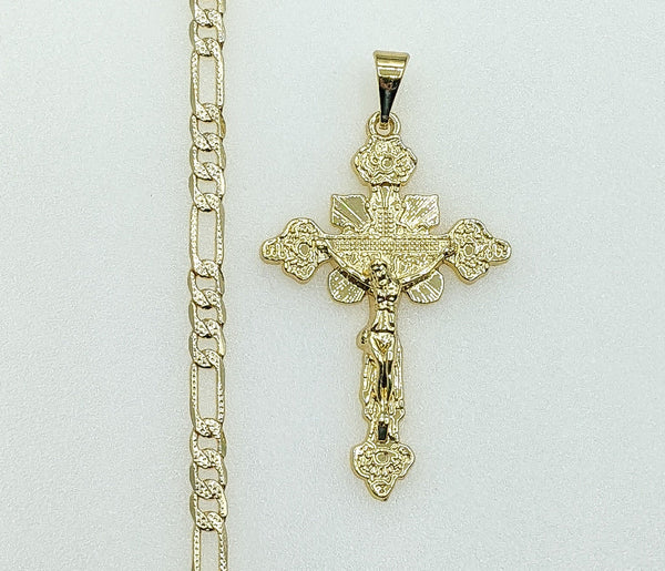 Plated Cross 4mm 14K Diamond Cut Figaro Chain Necklace
