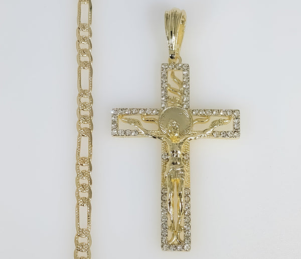 Plated Cross 4mm 14K Diamond Cut Figaro Chain Necklace