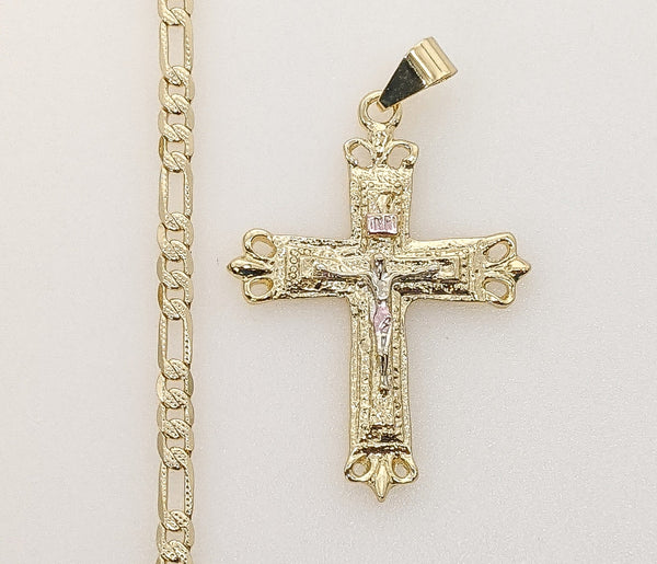 Plated Tri-Color Cross 4mm 14K Diamond Cut Figaro Chain Necklace