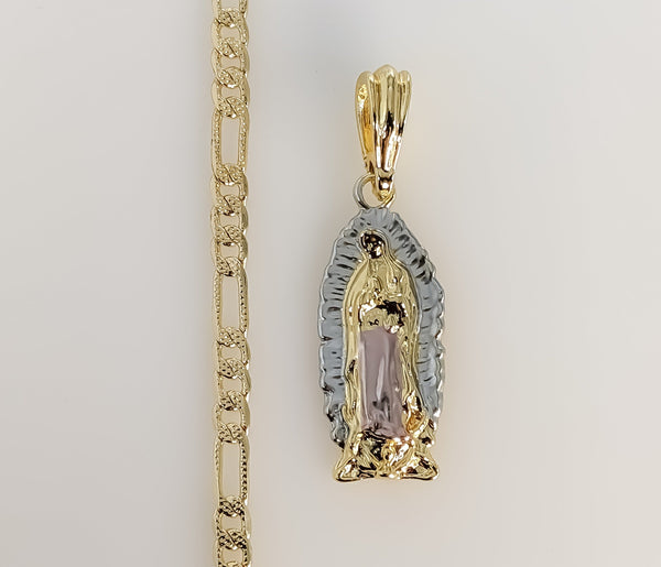 Plated Tri-Color Virgin Mary 4mm 14K Diamond Cut Figaro Chain Necklace