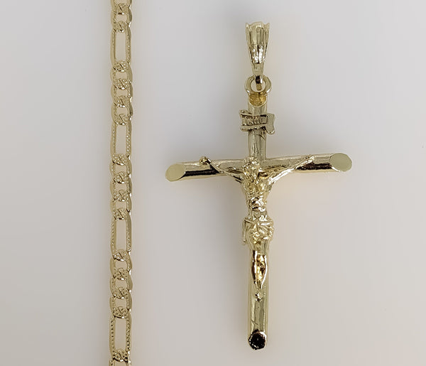 Plated Medium Cross 4mm 14K Diamond Cut Figaro Chain Necklace