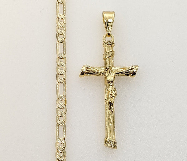 Plated Cross 4mm 14K Diamond Cut Figaro Chain Necklace