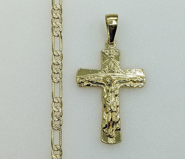 Plated Cross 4mm 14K Diamond Figaro Chain Necklace
